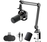 WuDLi Pack D'équipement De Podcast Hybride sans Fil, Kit Microphone USB avec Bras Articulé, Logiciel, Suppression du Bruit, pour Podcast Co-animé, Enregistrement Vocal, Création De Contenu