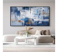 WUDUM Grande toile abstraite bleue marine et blanche,décoration murale minimaliste,œuvres d'art contemporaines,21 x 40 cm (8 x 16 pouces),avec cadre noir