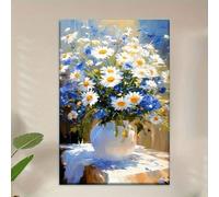 WUDUM Peinture murale sur toile avec marguerites florales, décoration murale moderne pour salle de bain, fleurs sauvages blanches et bleues, 30 x 40 cm (12 x 16 pouces), avec cadre