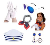 WUERKIYA Béret Marin déguisement Marin Femme 6 pièces Bleu Blanc pour Yacht Party Cosplay - béret + Foulard + Gants + Lunettes + Boucles d’Oreilles + Style Nautique Chic