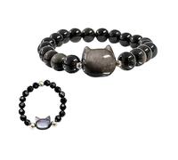 WUERKIYA Bracelet chat en obsidienne noire avec bague assortie - Design tête de chat mignon, ajustement élastique réglable, ensemble de bijoux élégants pour la relaxation, la pleine conscience et