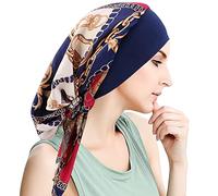WUERKIYA Chimio Turban pour les Femmes, Bandana de Algodón Pañuelos Oncologicos para Quimio Perdida de Cabello Ropa de Dormir -Chaîne bleu foncé