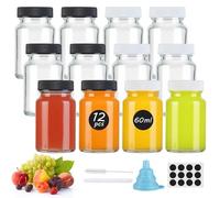 WUERQIE Lot de 12 bouteille à shot de 60 ml/2 oz, petites bouteilles en verre avec couvercle et étiquettes, réutilisables, pour jus de fruits, smoothie, gingembre