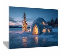 WUFIEA Affiches de Noël Lampe maison de glace Tableaux, Décorations de cheminée, Décorations de Noël de luxe et cadeaux pour la maison (pour lui/elle)(Bleu marine22)-60x90cm Encadrée