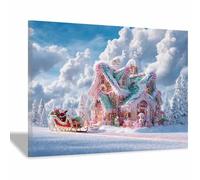 WUFIEA Affiches de Noël Traîneau maison en sucre Tableaux, Décorations de cheminée, Décorations de Noël de luxe et cadeaux pour la maison (pour lui/elle)(Bleu clair100)-60x90cm Encadrée