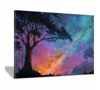WUFIEA Arbre de vie en Impression sur toile Ombre de l'arbre de nuit étoilée Affiche Murale Abstrait Image sur Toile Tableau Salon Chambre Décorations(Violet)-60x80cm Encadrée