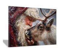 WUFIEA Décoration Murale de Noël sur Toile décoration Murale d'hiver Baiser du saint cerf pour la Maison Le Salon Les Festivals Le Nouvel an Toile(marron85)-40x60cm Encadrée