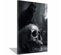 WUFIEA Décorations de fête d'halloween Impression sur Toile Peinture Effrayante Chatte sur un squelette Tableau Decoration Murale Salon Chambre Salle de Bain(Noir244)-40x60cm Encadrée