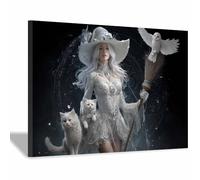 WUFIEA Décorations de fête d'halloween Impression sur Toile Peinture Effrayante Ombre de la sorcière blanche Tableau Decoration Murale Salon Chambre Salle de Bain(blanc04)-20x30cm Encadrée