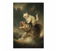 WUFIEA Impression sur toile avec motifs d'animaux et chats Miaou chevauchant un poisson salon, chambre à coucher, cuisine, couloir, escaliers(Couleur abricot261)-70x100cm Sans cadre
