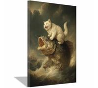 WUFIEA Impression sur toile avec motifs d'animaux et chats Miaou chevauchant un poisson salon, chambre à coucher, cuisine, couloir, escaliers(Couleur abricot261)-70x100cm Encadrée