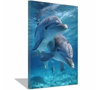 WUFIEA Impression sur toile représentant des animaux marins - Décoration murale Ombre de dauphins jumeaux Décoration d'intérieur pour salle de bain, chambre à coucher salon(bleu284)-60x80cm Encadrée