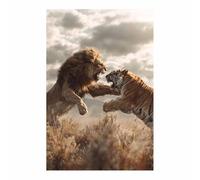 WUFIEA Moderne Impression sur Toile Portrait Lion Image Tableau Combat entre un lion et un tigre Moderne Salon Chambre Décoration Intérieure(gris clair270)-60x80cm Sans cadre