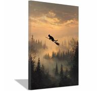 WUFIEA Poster d'horreur classique effrayant - Art mural d'Halloween Chatte sur un balai Décoration murale sur toile pour salon, chambre à coucher(Gris162)-60x80cm Encadrée