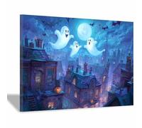 WUFIEA Poster d'horreur classique effrayant - Art mural d'Halloween Fantômes jouant avec la lune Décoration murale sur toile pour salon, chambre à coucher(bleu96)-60x90cm Encadrée