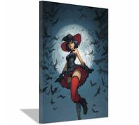WUFIEA Poster d'horreur classique effrayant - Art mural d'Halloween Sorcière sous la lune Décoration murale sur toile pour salon, chambre à coucher(Bleu brume177)-70x100cm Encadrée