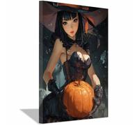 WUFIEA Poster d'horreur classique effrayant - Art mural d'Halloween Sorcière tenant un melon Décoration murale sur toile pour salon, chambre à coucher(orange183)-20x30cm Encadrée