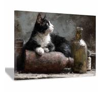 WUFIEA Tableau Decoratif Le Petit Chat - Impression Photo Animaux sur Toile Murale Chat couché près d'un vase Déco Maison, Cuisine, Salon, Chambre Adulte(Couleur noir et blanc)-60x80cm Encadrée