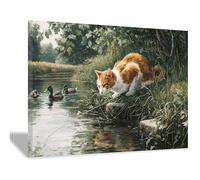 WUFIEA Tableau Decoratif Le Petit Chat - Impression Photo Animaux sur Toile Murale Mog Canard mogching Déco Maison, Cuisine, Salon, Chambre Adulte(Vert encre86)-60x90cm Encadrée