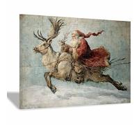 WUFIEA Tableau sur Toile Paysage Hivernal Impression HD Saint chevauchant un cerf pour Salon, Bureau ou Cadeau - Art Festif Toute l'Année(beige74)-60x80cm Encadrée