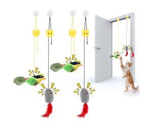 Wugauwor Lot de 4 Jouets pour Chats Interactif à Queue en Plumes, Souris et Oiseaux Réalistes, Jouet Chaton Hauteur Réglable pour Chats Intérieur, Jeux pour Chat sans Piles avec Crochets Adhésifs