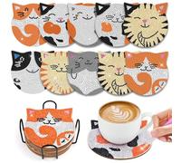WuGU 10 Pièces Peinture Diamant Dessous de Verre, 10 cm Dessous de Verre, Diamond Painting Chat, sous-Verres Art de Diamant avec Support, Tapis de Tasse Mandala en Bois pour Tasses, Vases, Cadeau-Chat