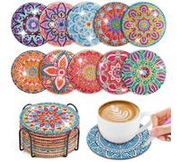 WuGU 10 Pièces Peinture Diamant Dessous de Verre, 10 cm Dessous de Verre en Liège Rond, Mandala sous-Verres Art de Diamant avec Support, Tapis de Tasse Mandala en Bois pour Tasses, Vases, Cadeau-C