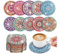 WuGU 10 Pièces Peinture Diamant Dessous de Verre, 10 cm Dessous de Verre en Liège Rond, Mandala sous-Verres Art de Diamant avec Support, Tapis de Tasse Mandala en Bois pour Tasses, Vases, Cadeau-B