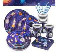 WuGU 100 Pièce Assortiments Astronaute Vaisselle de Fete, Ensemble de Vaisselle pour Fête Spatiale, Anniversaire Decoration Thème Space Système avec Assiette Tasse Serviette, Fournitures 20 Invités