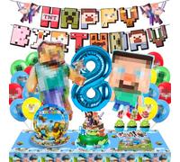 WuGU Decoration Anniversaire 8 Ans, 65 Pcs Kit de Décoration de Fête d'Anniversaire, Bannières d'Anniversaire, Ballon en Aluminium, Ballons, Assiettes, Serviette, Nappes, Decoration Gateau