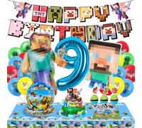 WuGU Decoration Anniversaire 9 Ans, 65 Pcs Kit de Décoration de Fête d'Anniversaire, Bannières d'Anniversaire, Ballon en Aluminium, Ballons, Assiettes, Serviette, Nappes, Decoration Gateau