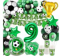 WuGU Décoration Anniversaire Football 9 Ans, 138 Pcs Football Decoration Fête Anniversaire Kit, Anniversaire Vaisselle Football, Ballon Anniversaire Foot, Bannière, Nappe, Assiette, Tasse, Serviett