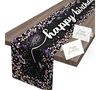 WuGU Joyeux Anniversaire Chemin de Table (180 x 35cm), Chemin de Table pour Anniversaire avec 10 Invitation d'anniversaire, Lavable, Décoration pour Fête d’Anniversaire-Noir