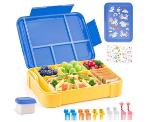 WuGU Lunch Box Enfant, 1300ml Bento Lunch Box Enfant avec 5 Compartiments et des Couverts (Fourchette et Cuillère), sans BPA, pour Micro-onde Lave-vaisselle, École Pique-Nique Travail (Bleu)