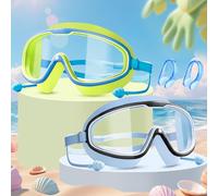 WuGU Lunettes de Natation pour Enfants, 2 Pièces Lunettes Piscine Enfants avec Protège-nez, Bouchons d'oreille, Anti-Buée, Protection UV, Lunette de Plongée Enfant Réglables pour 3-12 Ans (Bleu Jaune)