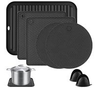 WuGU Tapis et Gant de Cuisine en Silicone - 6 PCS Dessous de Plat Ronds et Carrés, Tapis de Pot, Pour Four et Micro-Ondes (Noir)