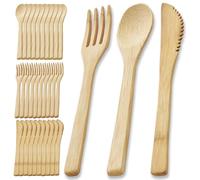 Wuhonghao Lot de 30 Couverts en Bambou - Set de 10 Cuillères et 10 Fourchettes - Bois Réutilisable, Durable, Démontable
