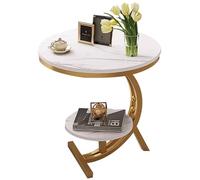 WUHUQN Table d'appoint ronde en forme de C, plateau en pierre frittée à 2 niveaux, table d'appoint pour chambre, salon, couloir, blanc et doré