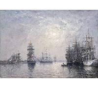 WUIIEN Toile Avec Image HD Imprimer Posters De célèbres tableaux Le Havre Eure Bassin Voiliers Au Coucher Du Soleil par Eugène Louis Boudin pour la décoration du salon 60x90cm