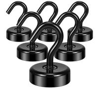 Wukong Lot de 6 crochets magnétiques puissants en néodyme - Noir - 30 kg - Avec crochets pour aménagement d'atelier, tente arrière, barbecue, réfrigérateurs, porte-manteau