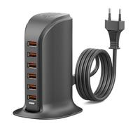WUKUR Chargeur USB 6 Ports 50W,Prise avec USB-A,Chargeur Rapide,Compatible avec Tous Appareils USB,Multi Secteur,Protection Sécurité&Matériau Lgnifugé,Adaptateur Prise EU,Câble Amovible 1,5m Gris