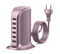 WUKUR Chargeur USB 6 Ports 50W,Prise USB avec USB-A,Chargeur Rapide,Compatible avec Tous Appareils USB,Multi Secteur,Protection Sécurité&Matériau Lgnifugé,Adaptateur Prise EU,Câble Amovible 1,5m Rose