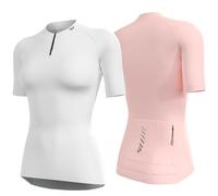 Wulibike Maillot de cyclisme pour femme - Demi-fermeture éclair - Respirant - Manches courtes - 4 poches - Upf50+ - Blanc et rose - Taille L