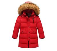 Wulide Enfant Fille Doudoune Mi longue Manteau à Capuche Fourrure Veste d'hiver, Rouge, 11-12 ans / 160