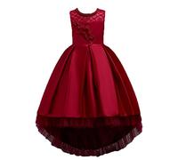 Wulide Enfants Fille Robe de Princesse longue en Dentelle avec Bowknot Demoiselle d'honneur Sans Manches Hi-Lo Robe de Soirée, Rouge, 3-4 ans(étiquette 110)