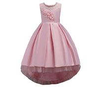 Wulide Enfants Fille Robe de Princesse longue en Dentelle avec Bowknot Demoiselle d'honneur Sans Manches Hi-Lo Robe de Soirée, Rose, 7-8 ans(étiquette 130)