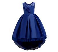 Wulide Enfants Fille Robe de Princesse longue en Dentelle avec Bowknot Demoiselle d'honneur Sans Manches Hi-Lo Robe de Soirée, Bleu, 7-8 ans(étiquette 130)