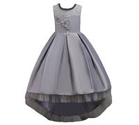 Wulide Enfants Fille Robe de Princesse longue en Dentelle avec Bowknot Demoiselle d'honneur Sans Manches Hi-Lo Robe de Soirée, Gris, 3-4 ans(étiquette 110)