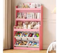 Wumagin Étagère de rangement pour jouets pour enfants avec bibliothèque et 6 paniers à jouets amovibles, étagère de rangement à 5 niveaux avec espace de rangement pour jouets en peluche (rose)