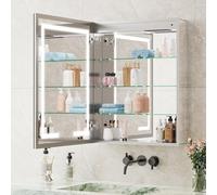 Wumagin LED Double Face Armoires de Salle de Bain avec Miroir, Miroir de Courtoisie Mural/Encastré, Miroir LED Salle de Bain avec Prise et USB, Anti-buée, Intensité Variable 3 Couleurs (70 x 50 cm)